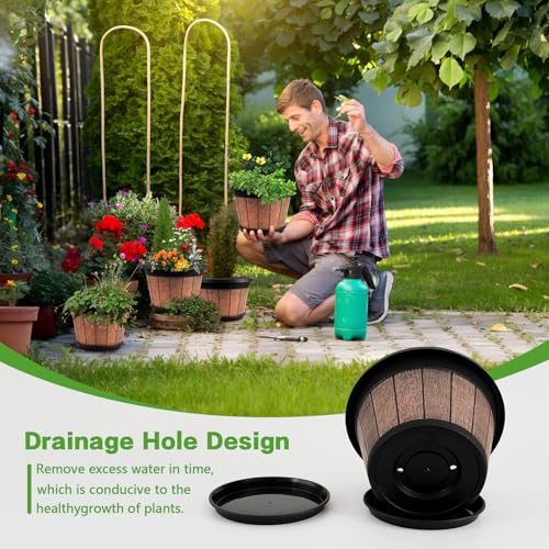 Quarut 4 Pack 8 inch Plant Pot,Upgrade Whiskey Barrel Planters with Drainage Holes & Saucer,Plastic Decoration Flower Pots Retro Design,Planters for Outdoor Indoor Garden Home Plants (Brown) - Image 7