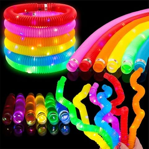 Toysery 24 Piece Light up Tubes for Kids. Glow in The Dark Tubes for Kids. Fun Stretchy Glow Tubes Toy. Light up Glow Sticks Fidget Pop Tubes Cover