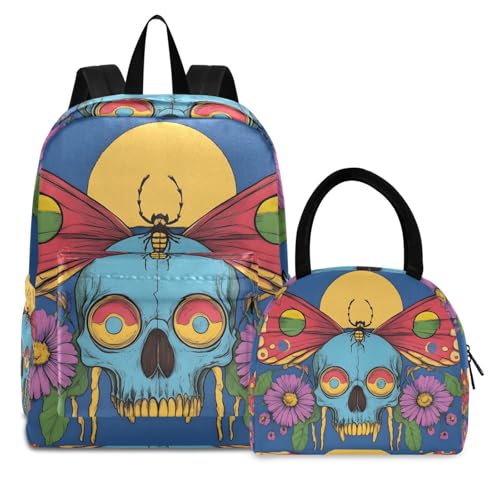 Backpack Lunch Box Set Large Capacity Travel Backpacks and Insulated Lunch Bag for Commute Hiking Picnic Hippie Skull Butterfly Print