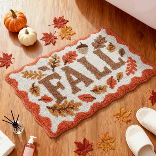 Dunzy Fall Bath Mat Fall Leaves Rug Burnt Orange Bathroom Rugs Soft Absorbent Non Slip Microfiber Bath Mats Machine Washable for Autumn Thanksgiving Bathroom Bathtub Shower Bedroom 16 x 24 Inch