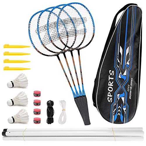 Fostoy Badminton Racquets,Lightweight Carbon Fiber Badminton Rackets Set for Adult and Children, Including 4 Rackets, 3 Shuttlecocks, 4 Overgrip and Carry Bag (Blue)