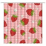 YNFUQANLN 737AS Erdbeer-Duschvorhang, niedlich, rosa, Erdbeere, rote Früchte, Aquarell, Erdbeeren, Frühling, Sommer, Obst, Blumenstoff, Badezimmer-Dekor, Vorhang mit Haken