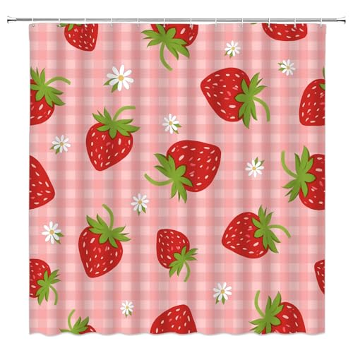 YNFUQANLN 737AS Erdbeer-Duschvorhang, niedlich, rosa, Erdbeere, rote Früchte, Aquarell, Erdbeeren, Frühling, Sommer, Obst, Blumenstoff, Badezimmer-Dekor, Vorhang mit Haken