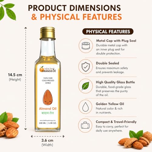 Image of H&O Sweet Almond Oil - 100% Pure Cold Pressed Edible Badam Tel - 300ml Glass Bottle - For Healthy Skin, Hair and Body