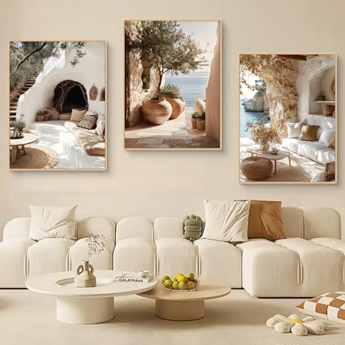 TROYSINC 3er Mediterrane Architektur Poster Set, Aesthetic Ausblicke auf griechische Inseln,Steinhäuser am Meer Landschaft Wandbilder Wohnzimmer, Wanddeko für Wohnzimmer, ohne Rahmen (A,50x70cm)