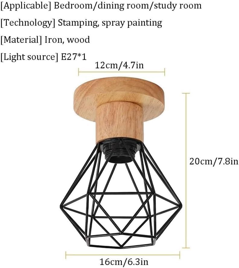 American Style Modern Ceiling Light, E27 Industrial Farmhouse Ceiling Lamp, Wood Base Black Metal Geometric Cage Flush Mount Light Fixture, for Hallway Entryway Bedroom Kitchen