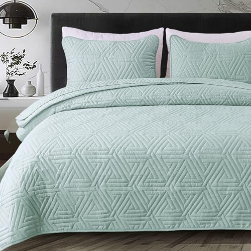 Whale Flotilla Soft King Size Quilt Set for All Seasons, 3-Piece Ultrasonic Geometric Quilts Bedding Set, Lightweight Reversible Bedspread, Coverlet, Bed Cover with 2 Pillow Shams, Aqua Blue