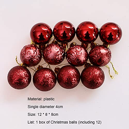 12 peças/1 caixa de bola de Natal de plástico bola de Natal de cor vibrante com glitter brilhante bo