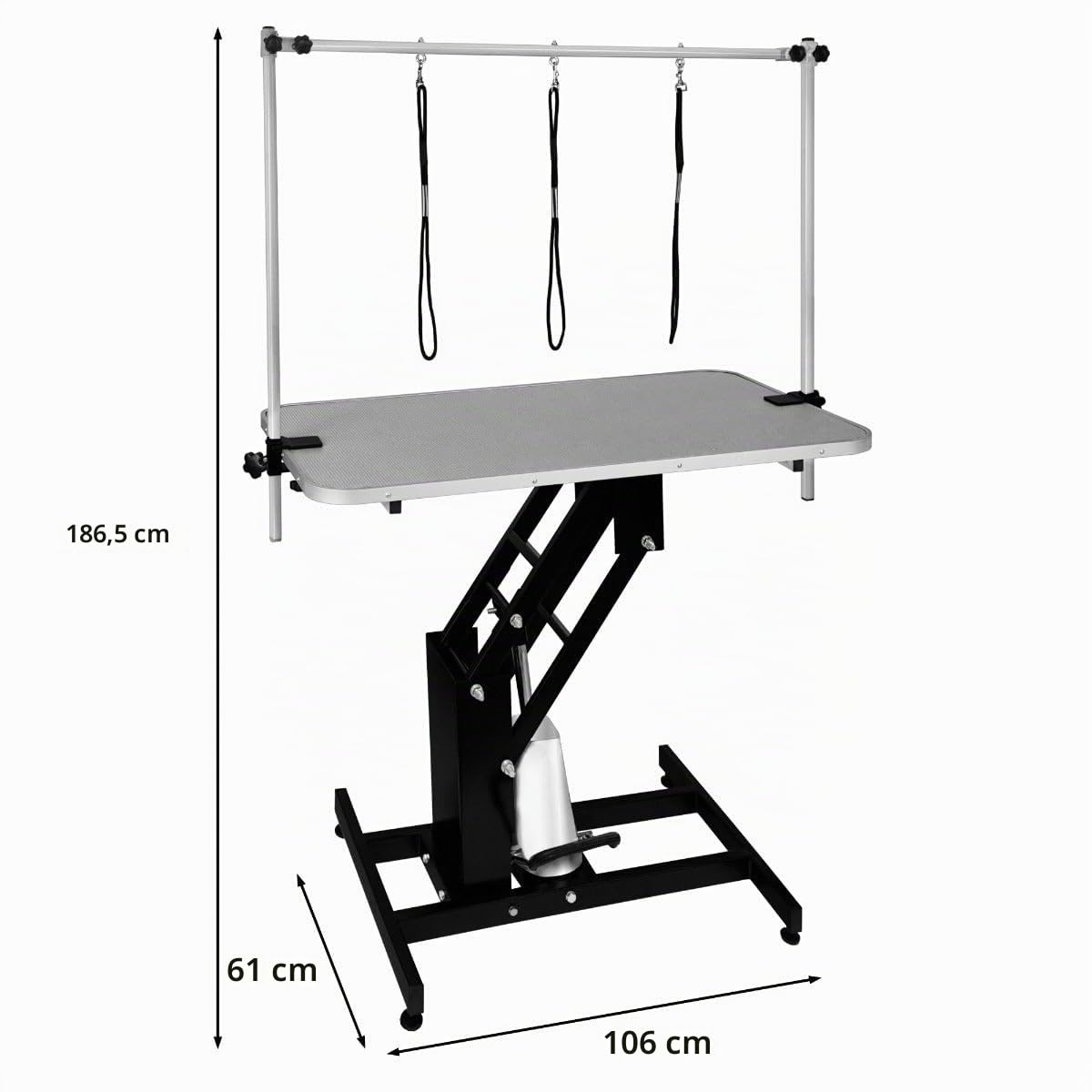 Mesa de Aseo Hidráulica Altura Ajustable Capacidad de 180kg Amplia Superficie de Goma 106cm x 61cm Resistente Estructura de Acero 4 Patas Estables Adaptables 3 Lazos para Sujeción [Negro & Gris]