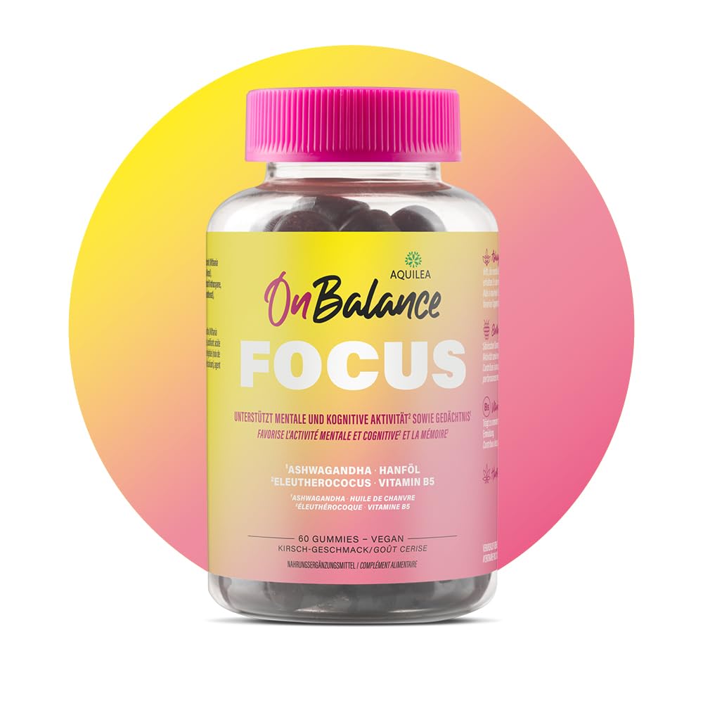 Aquilea OnBalance FOCUS – vegane Gummies mit Kirschgeschmack, Ashwagandha, Eleuterococcus und Vitamin B5 zur Unterstützung von Konzentration und Gedächtnis – 60 Stück