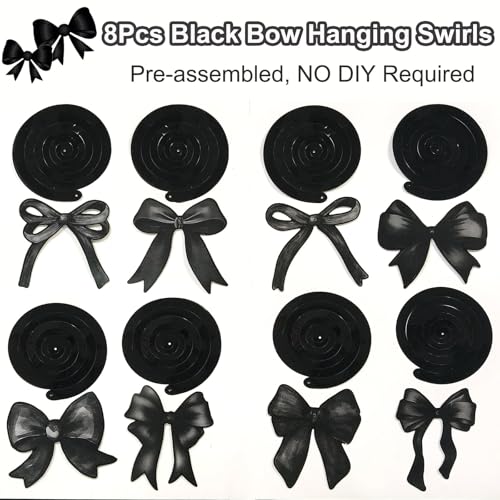 Image of Black Bow Happy Birthday Banner Garland and Hanging Swirls for Girl Black Bow Coquette Birthday Party Decorations