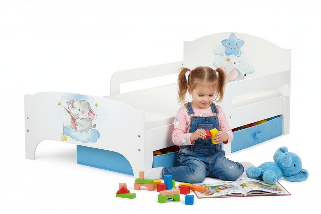 Leomark SMART Einzelbett aus Holz - Baby Elephant - Kinderbett mit Schubladen für Bettwäsche mit Matratze, Stauraum, Rausfallschutz Lattenrost, Liegefläche 140 x 70 cm