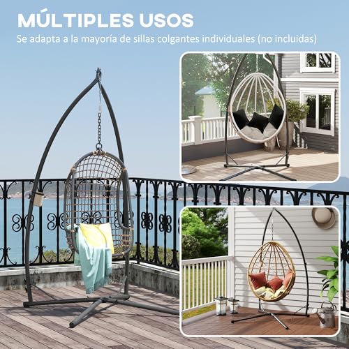 Outsunny Soporte para Silla Colgante de Huevos Altura 215 cm con Estructura de Acero Base Estable y Portavaso Soporte para Silla Columpio para Patio Jardín Balcón Carga 150 kg Negro - imagen 3