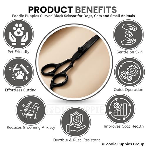 Image of Foodie Puppies Curved Dog Grooming Scissors - (Black) Stainless Steel Pet Hair Cutting Shears with Finger Rest | Precision Trimming for Dogs & Cats | Professional Grooming Tool for Home Use