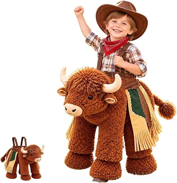 Funny Ride-On Bull Rider Kids Costume,Plush Highland Bull,Funny Costume with Adjustable Harness, Western Toddler Halloween Outfit for Trick-or-Treat Parties & Pretend Play