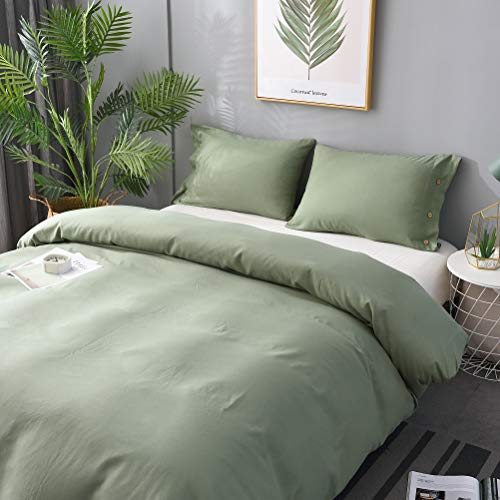 M&Meagle Duvet Cover Green,Solid Color Button Design,100% Microfiber Treated by Washed Cotton Process,Feels Like a Very Soft Cotton-Queen Size(3Pcs,1 Duvet Cover 2 Pillowcases) - Thumbnail 7