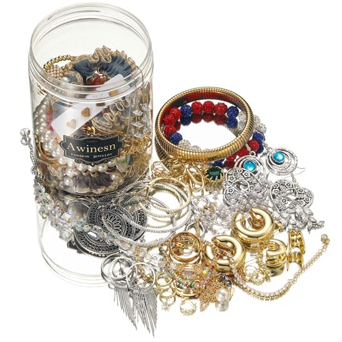 Awinesn Mystery Jewelry Jar Bundle, Vintage Jewelry Box, 40-45 Piece Surprise Box for Women, Gift Set Multi Style of Earrings Rings Bracelets or Necklaces, Unique Birthday Gift for Her (polychrome)