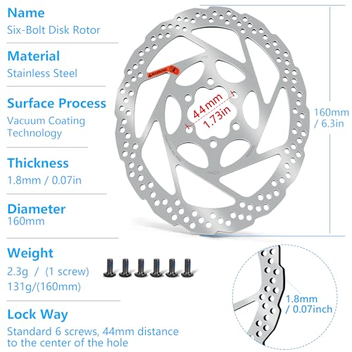 DYISLAND 140mm 160mm 180mm Bike Disc Brake Rotor with 6 Bolts, Bicycle Brakes Rotors, Vacuum Coating Technology, Center Hole Distance 44mm, for MTB Mountain Road Bikes BMX (1pc, 160mm)
