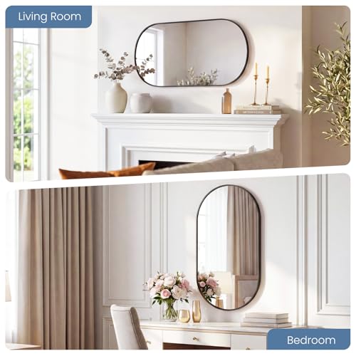 Image of Sweetcrispy 24 inch x 36 inch Black Bathroom Mirror for Wall, Oval Wall Mirror with Metal Frame, Tempered Glass, Modern Vanity Mirror for Over Sink, Living Room, Bedroom, Entryway, Horizontal or Vertical