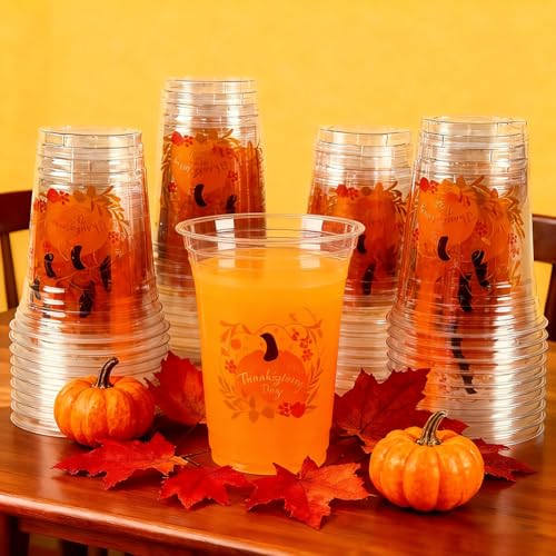 60 Pcs Thanksgiving Plastic Cups, 16 oz Bulk Disposable Fall Pumpkin Cups - image 4