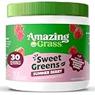 Amazing Grass Sweet Greens and Superfoods Powder for Digestive Health, Greens Powder, Digestive Enzymes, Probiotics, Spirulina, Chlorella, Summer Berry, 30 Servings