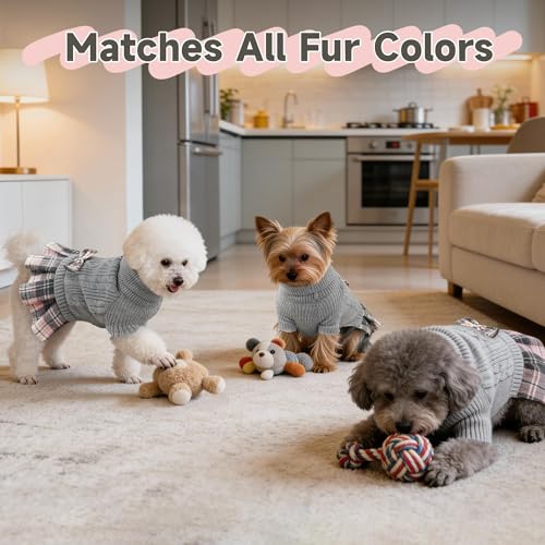 Image of YUDODO Small Dog Sweater Dress with Bowtie Turtleneck Knitted Pet Clothes | Fall Winter Warm Pet Clothes, For Small Dogs Girl, Soft Knit Fabric, Leash Hole, Long Sleeve, Grey, M