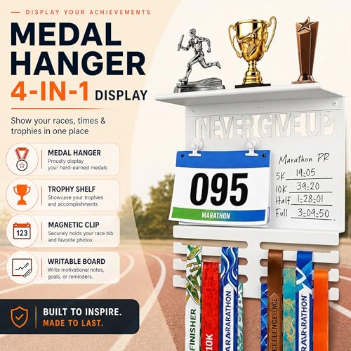 Image of Running Medal Hanger Display with Trophy Shelf, Never Give Up Race Medal Display with Photo or Race Bib Holder, Writable Goal Area, Wall Mounted, White