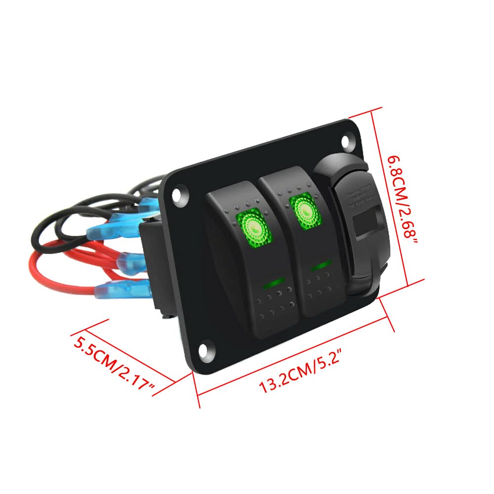 Riloer Pannello combinato con interruttore a 2 vie, 12 V / 24 V, per barca, auto, camper, camion, con presa Dual USB, interruttore a bilanciamento On/Off, con luci LED blu/rosso/verde