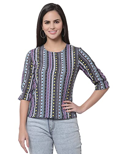 Image of Style Quotient Women Black and Multi Geometric Printed Polyester Smart Casual Top