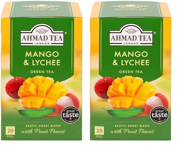 Ahmad Tea Mango & Lychee - Té verde con mango y lichi - Con trozos de fruta - Bolsitas de té envueltas individualmente y selladas con aroma con 2 g de té por ración - 20 bolsitas de té (Paquete de 2)