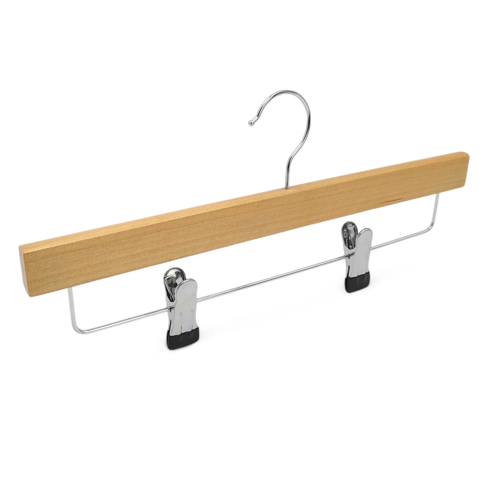 10x Wooden Trouser & Skirt Hangers 35.5cm Natural Finish with Adjustable Chrome Clips & Rubber Grips | Swivel Hook | Space Saving for Clothes & Accessories