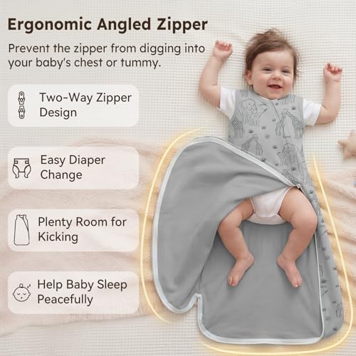 Image of Baby Sleep Sack 6-12 Months 0.5 Tog Baby Wearable Blanket 100% Cotton Sleeping Sack with 2-Way Zipper for Newborn Infant Apricot Gray Elephant