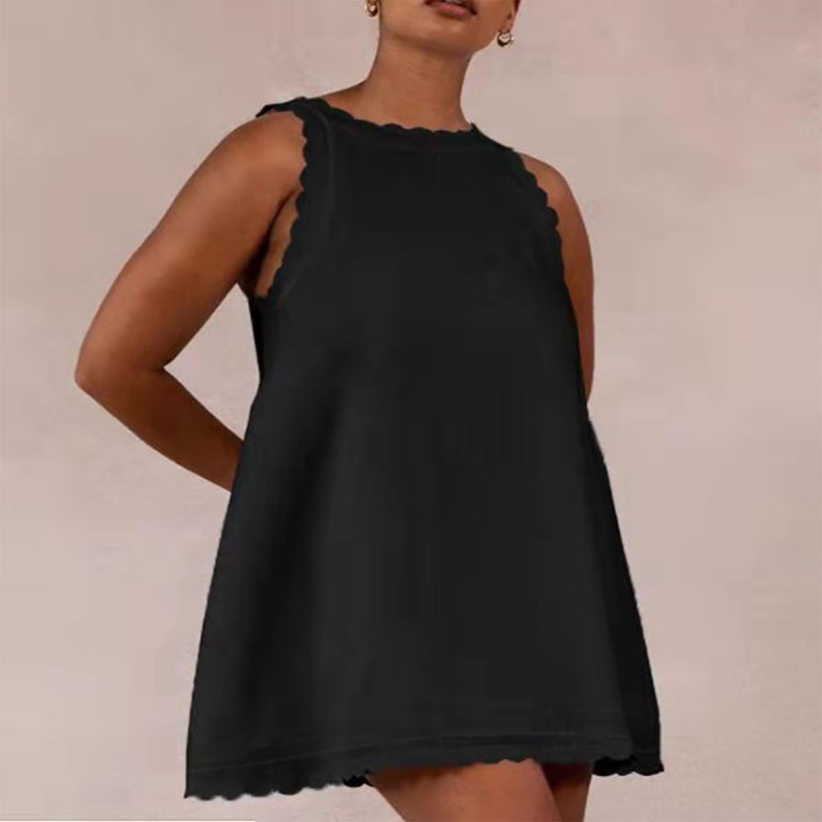 Vestido Playa Lino Elástico Escote V Festoneado Sin Mangas Cremallera Trasera