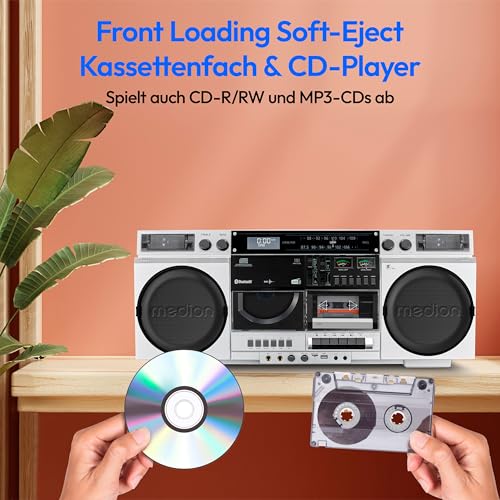 MEDION P66538 Kassettenrecorder (Retro Ghettoblaster mit CD-Player, 80er, groß, USB, SD, CD, Kassetten MC, DAB+ Radio Teleskopantenne, Bluetooth, Kassettendeck, Aufnahmefunktion, Batteriebetrieben)