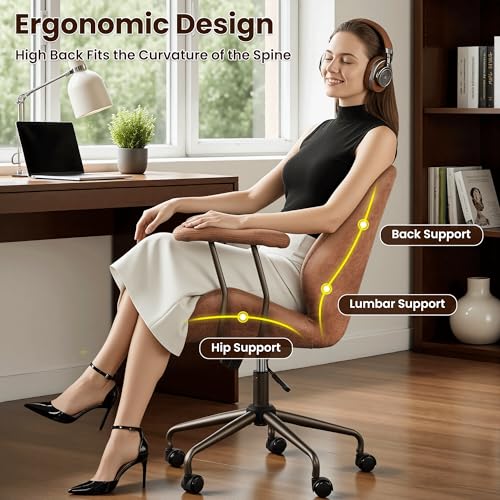 Image of ovios Ergonomic Office Chair, Mid Back Faux Leather Executive Chairs with Armrests, Comfy Mid-Century Modern Swivel Rolling Computer Armchair (Brown, Suede Leather)