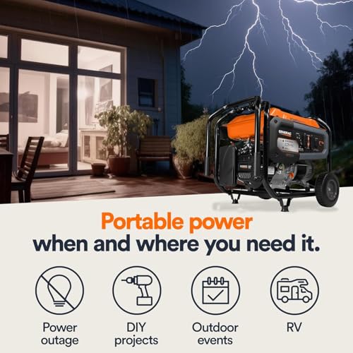 Image of Generac 8,125 Starting Watt Portable Gas Generator with Extension Cord, PowerRush Technology, COsense Carbon Monoxide Detection, 10.5 Hour Runtime, Home Backup Emergency Power, 49-State Compliant
