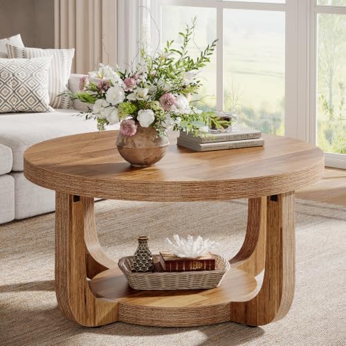 Image of Tribesigns Round Coffee Table, 2-Tier Circle Coffee Table with Storage, Modern Wooden Accent Center Table for Living Room, Thick Tabletop & Base (Rustic Brown)
