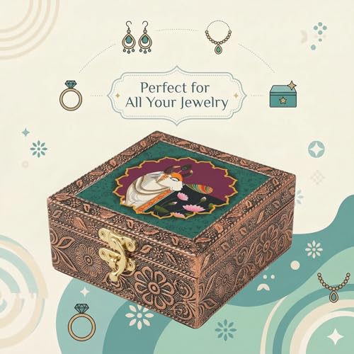 Image of Kamdhenu Wooden Jewellery Box | Handcrafted Decorative Storage Organizer | Traditional, Multipurpose Keepsake Box for Rings, Earrings & Small Accessories | Teal Lotus, Pack of 10