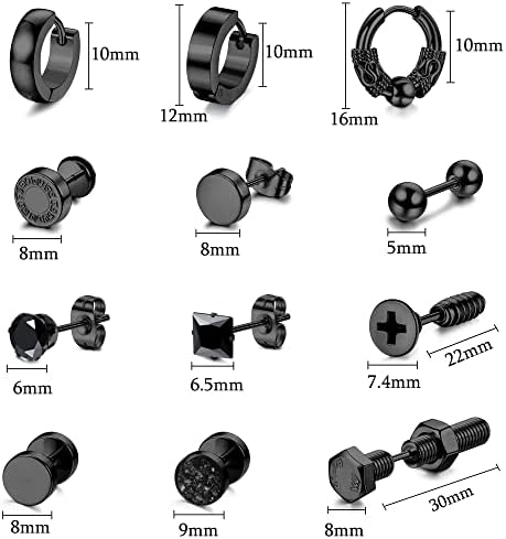 CASSIECA 9-12 Pairs Earrings for Men Black Silver Stud Hoop Earrings for Mens Boys Tiny Ball Barbell Screw Studs Cartilage Earrings Stainless Steel Earrings Set for Him
