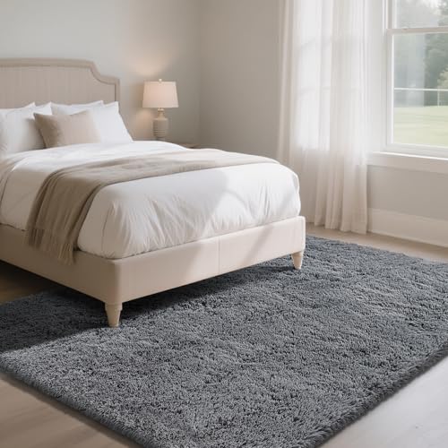 Fluffy Rug Shaggy Area Rug, Dark Grey 6x9 Area Rugs for Living Room, Large Shag Area Rugs for Bedroom Kids Room Home Decor, Upgrade Anti-Skid Rectangular Fuzzy Rugs
