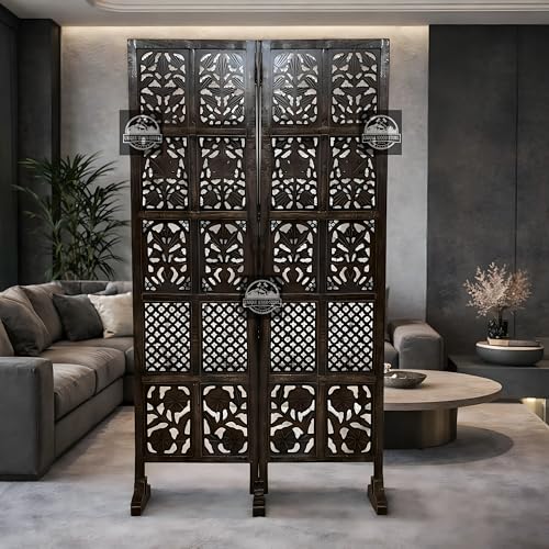 Image of Wooden Room Divider Screen, Carved,Decorative Handcrafted Privacy Screen Separator Wall Divider | Folding Partition with Floral & Jaali Design (Brown, 2 Panel)