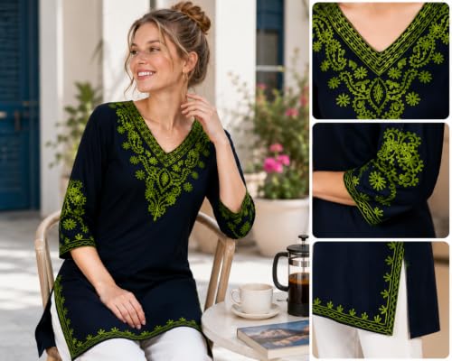 Image of Embroidered Chikankari Kurti with Kashmiri Aari Work, V-Neck, 3 /4 Sleeves, Rayon Fabric