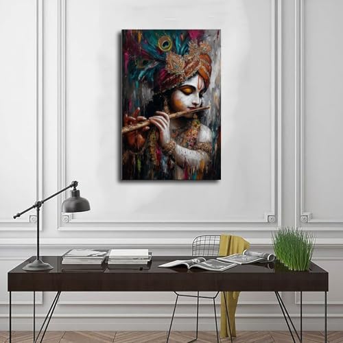 Flûte de Krishna portrait sacré tableau coloré salon et chambre - 3
