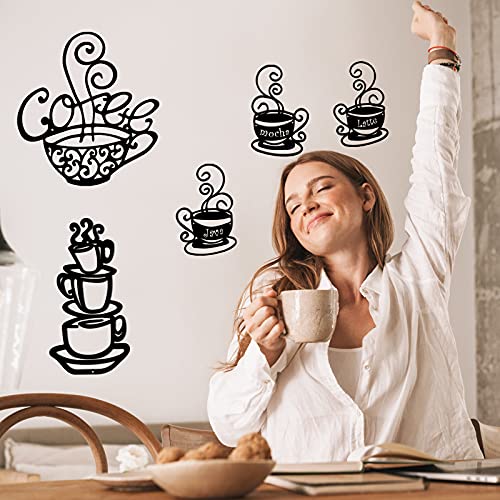 5 Pieces Metal Coffee Cup Wall Decor Black Coffee Cup Wall Silhouette Signs Cafe Themed Metal Wall Arts Vintage Coffee Cup Wall Decoration for Coffee Shop Coffee Bar Kitchen Restaurant Lounge Decor