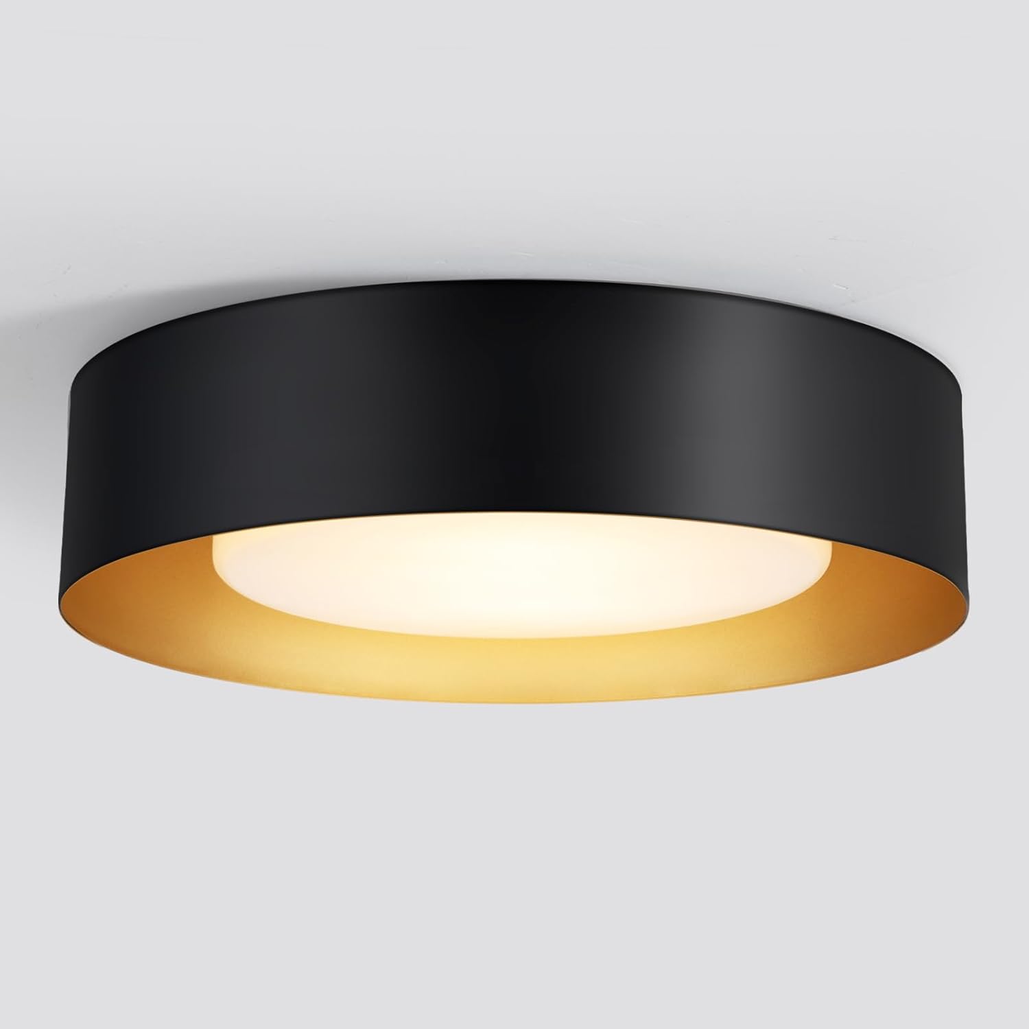 Vikaey Modern Flush Mount Ceiling Light, 3-Light Minimalist Round Close to Ceiling Light Fixture, Black and Gold Drum Ceiling Lamp with Glass Lampshade for Bedroom, Living Room, Kitchen, 16.5in