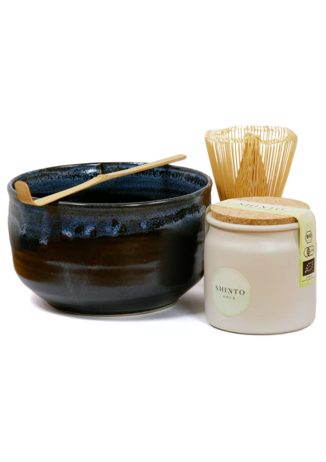 Matcha Tee Set Shinto® Gold - Super Premium Bio Matcha Tee - beschattet & handgepflückt aus Uji Japan inkl. handgefertigter Schale, Besen & Löffel für die traditionelle japanische Teezeremonie