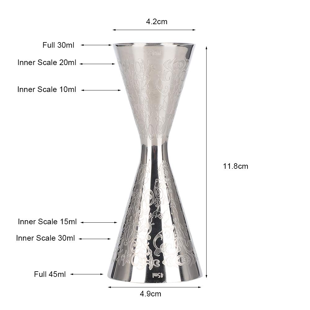 Jiggers, 30ml 45ml Stainless Steel Jigger with Scale Drink Wine Measuring Jigger for Bartending Cup Pourer Measuring Tool Stainless Steel Measuring Jigger for Bar Home Bartender Party Wine Drink