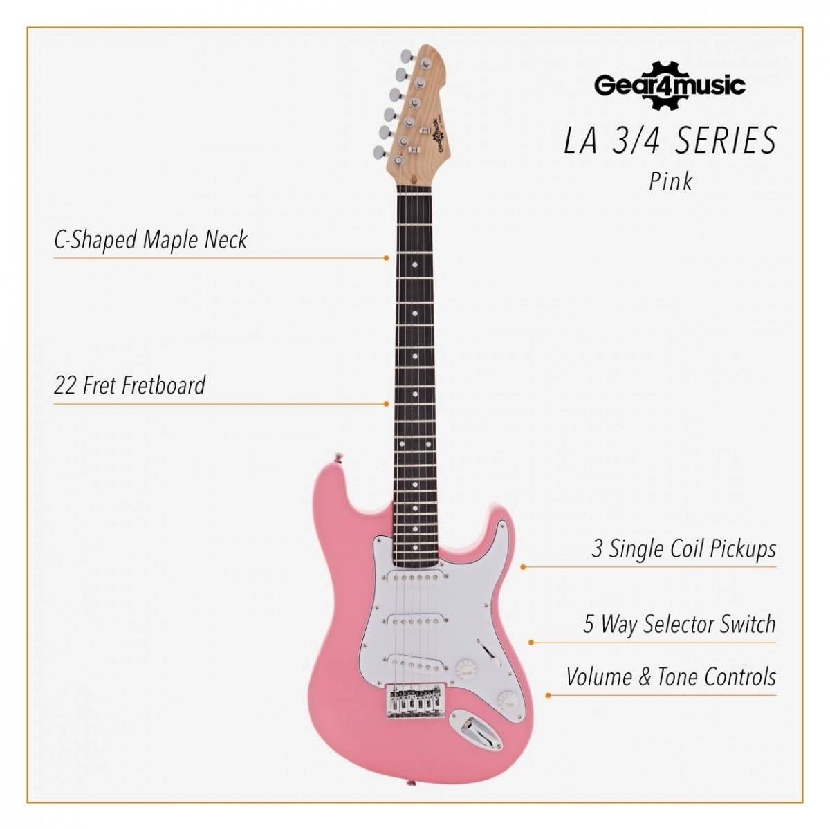 Kit Guitare Électrique LA 3/4 avec Ampli 10W, Housse, Rose | Pour jeunes débutants, design confortable et facile à prendre en main