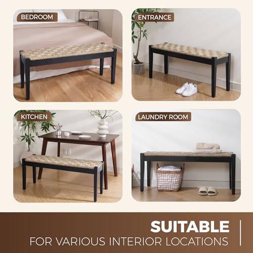 Image of Vintage Entryway Bench, 47 inch Acacia Wood Bench with Woven Seagrass Seat, Entryway Bench, Wicker Bench Indoor for Hallway, End of Bed, Rustic Farmhouse Boho Style, Indoor Decorative Bench (Black)