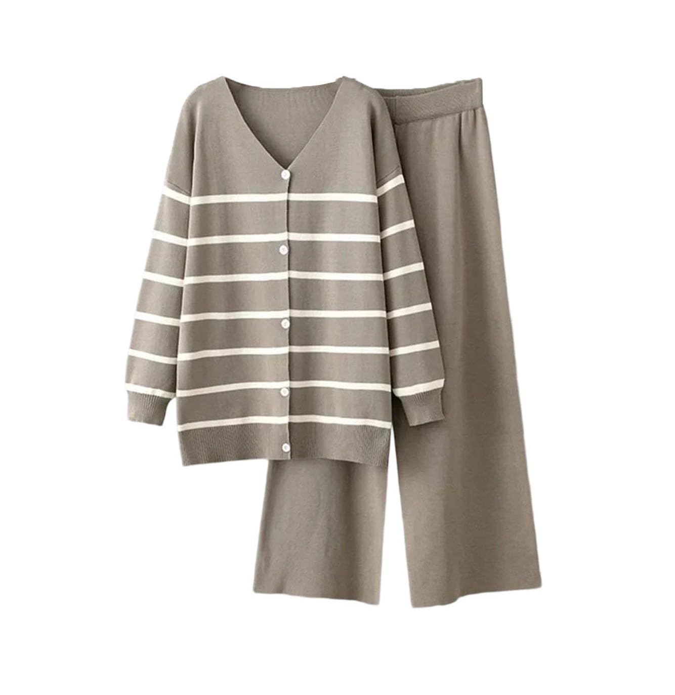 Sweter damski w paski z dekoltem w serek, bluzka z wysokim stanem, spodnie dresowe z dzianiny, 2-częściowy komplet (khaki, rozmiar L)